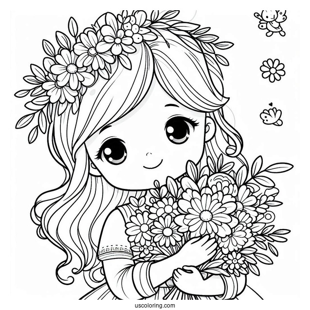 Pretty Little Girl Holding A Flower Bouquet In Spring Coloring Page For Kids