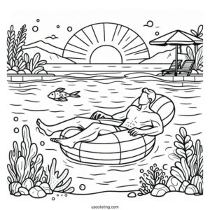 Swimming Coloring Page OF Man Relaxing On An Inflatable For Kids