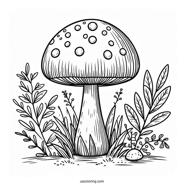 Easy Fly Agaric Mushroom Coloring Page Surrounded By Grass For Kids