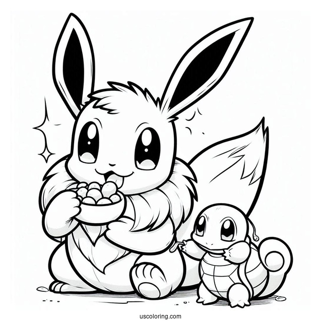 Eevee Eating With Squirtle Coloring Page