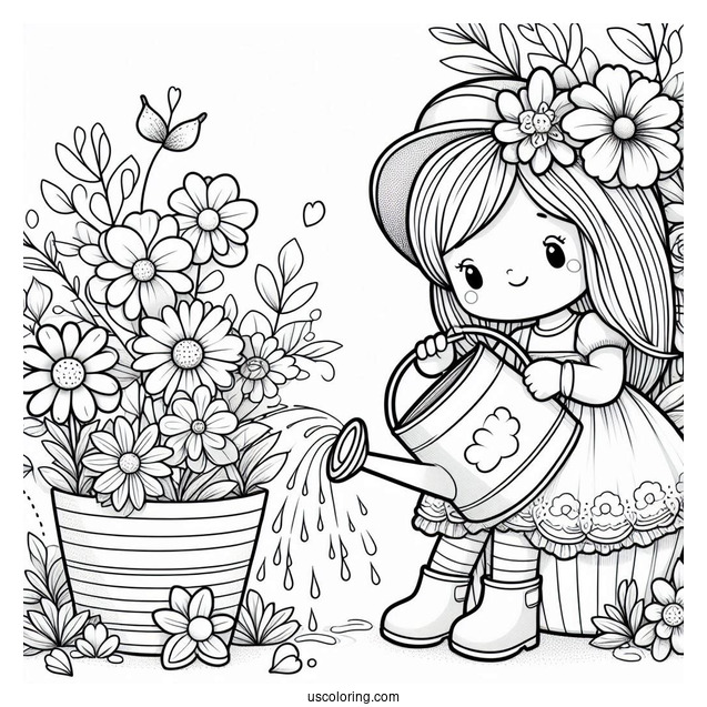 Cute Girl Watering Spring Coloring Page Flowers For Preschoolers
