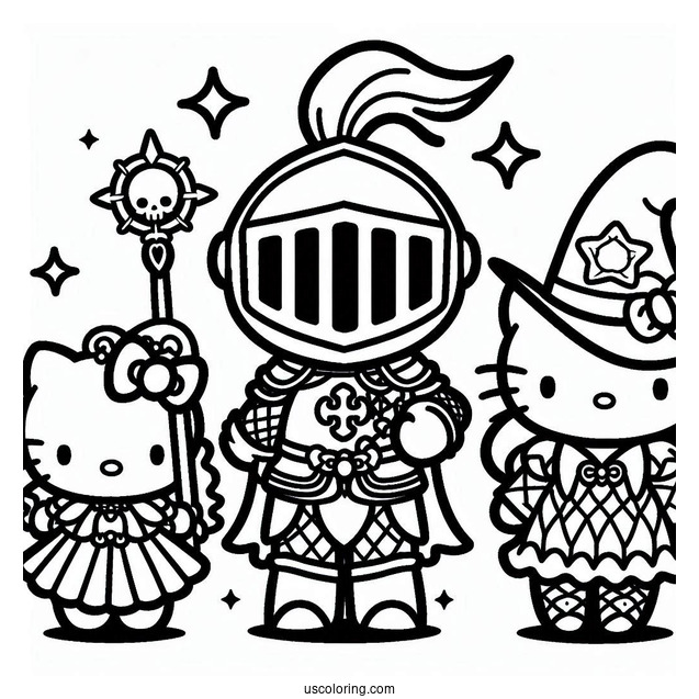 Sanrio Coloring Pages Of Hello Kitty Knight, Sorcerer My Melody, And Witch Kuromi