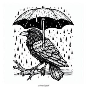 Raven Coloring Page Holding An Umbrella In The Rain