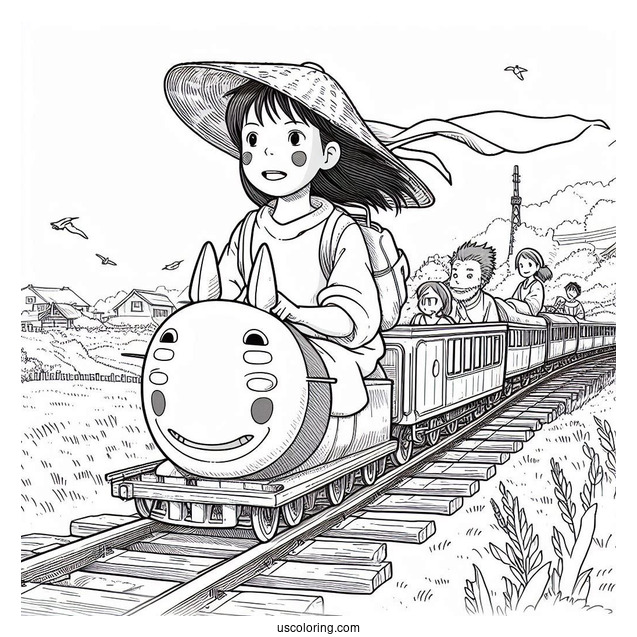 Studio Ghibli Coloring Page of Spirited Away Chihiro Riding Train With No Face And Bo
