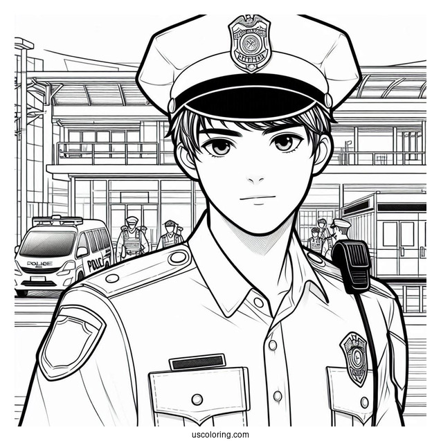 Police Officer In Front Of Police Station To Color