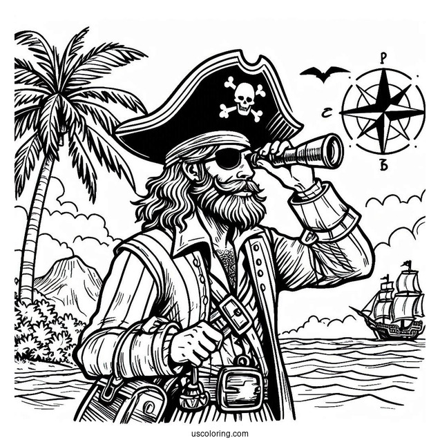 Pirate Coloring Page Surveying An island