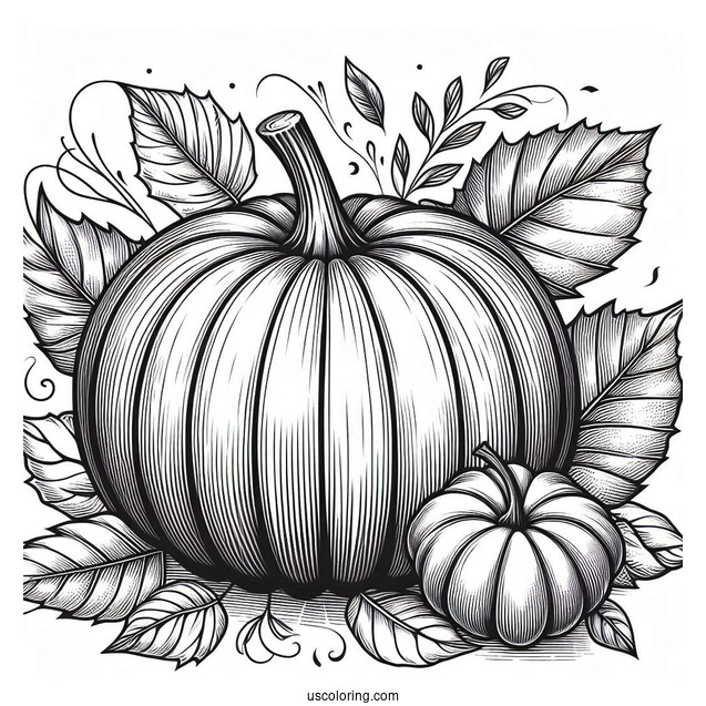 Detailed Pumpkin Coloring Page With Leaves