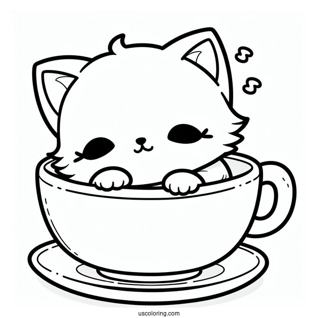 Sleepy Chibi Coloring Page Cat Resting Inside a Teacup For Preschoolers
