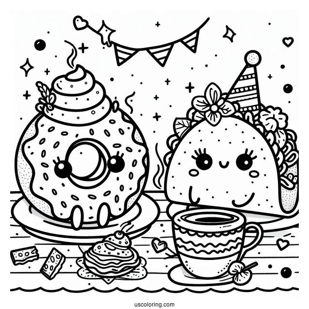 Pretty Donut And Taco Having A Tea Party Coloring Sheet
