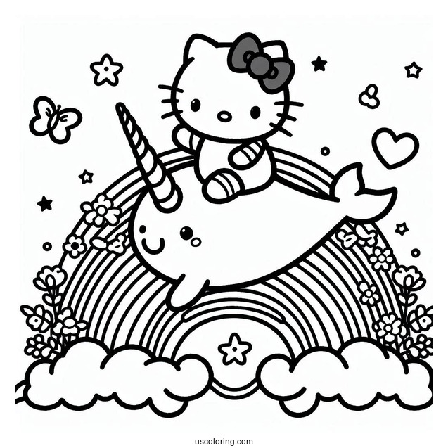 Hello Kitty Riding A Narwhal Coloring Page Over The Rainbow