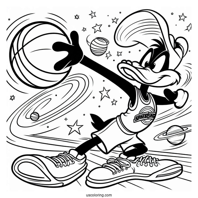 Daffy Duck Aiming Basketball Coloring Sheet