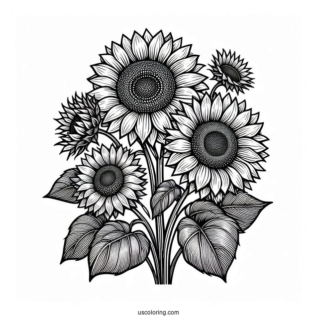 Detailed Adult Coloring Page Of Sunflowers