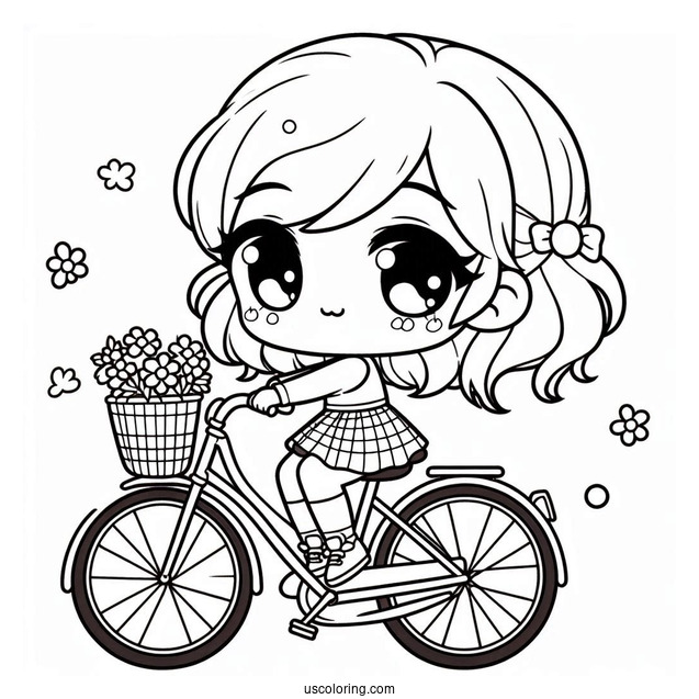 Chibi Girl On A Bicycle Coloring Page For Preschoolers