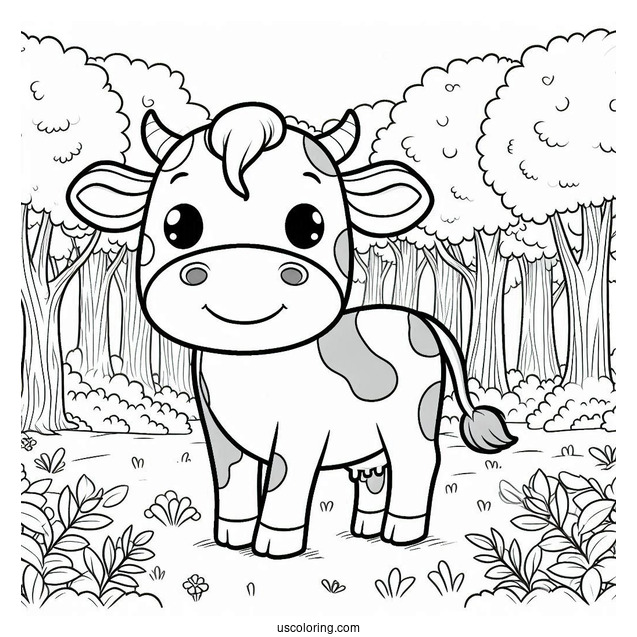 Happy Cow Standing In Forrest Coloring Sheet