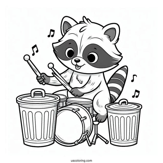 Raccoon Coloring Page Playing Drums With Trash Bins