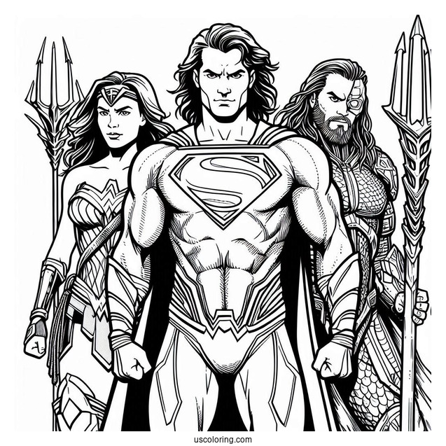 Justice League Aquaman Coloring Page, Superman, Batman, Wonder Woman, And Cyborg