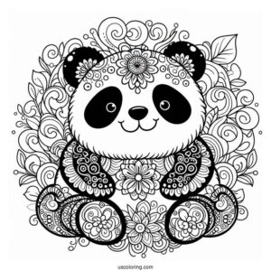Ornamental Panda Coloring Page with Floral Swirls and Mandala Belly Design