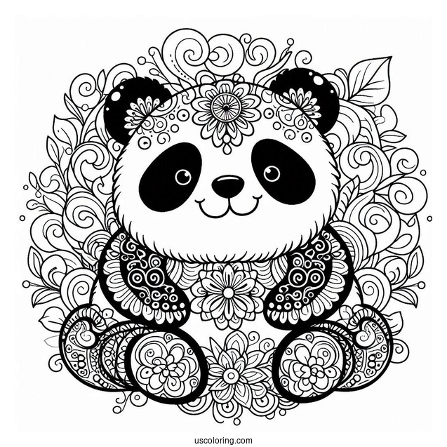 Ornamental Panda Coloring Page with Floral Swirls and Mandala Belly Design
