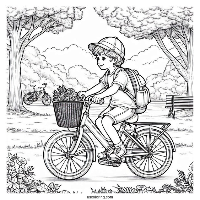 Realistic Little Boy Riding Bicycle Coloring Page In A Park