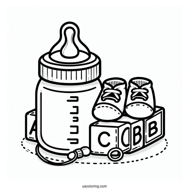 Baby Coloring Page Of Bottle, Pacifier, And Letter Blocks