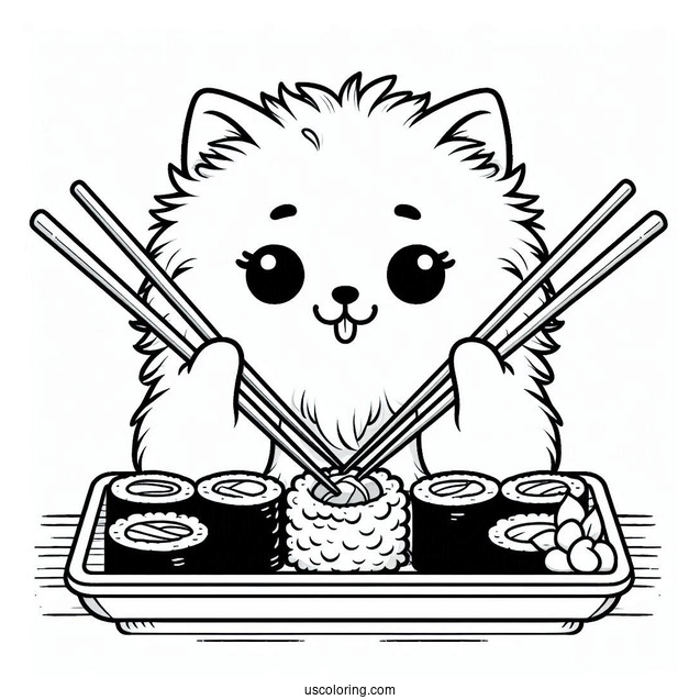 Fluffy Cat Eating Sushi Coloring Pages With Chopsticks For Kids