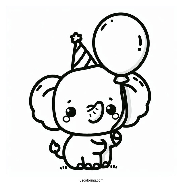 Kawaii Elephant Holding Balloon Coloring For Preschoolers