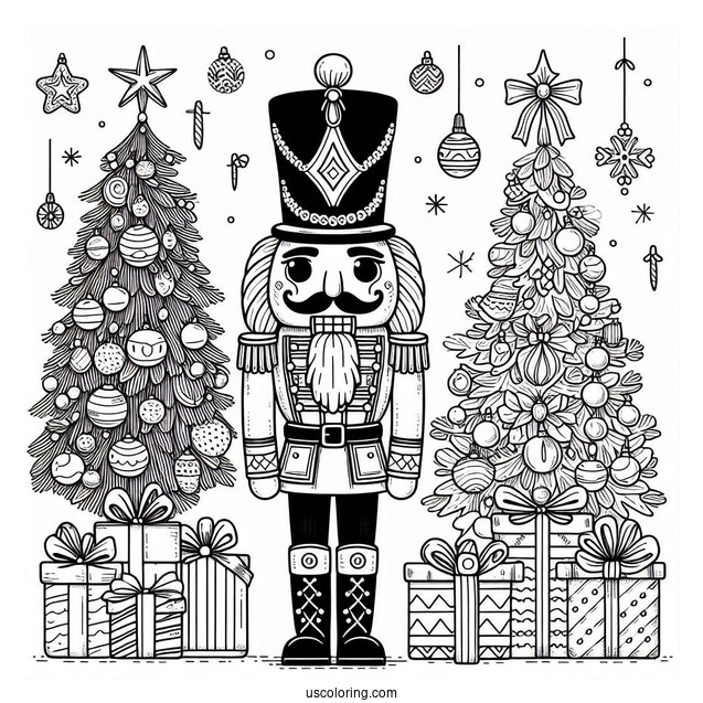 Detailed Nutcracker Coloring Page In Front Of Presents And Christmas Trees