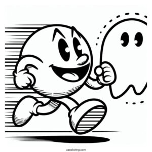 Pac-Man Coloring Page Running Towards Cyan Ghost