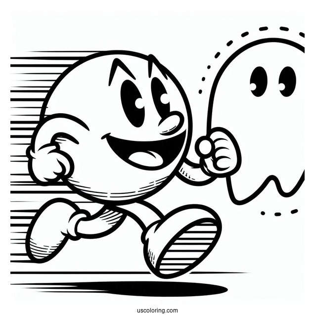 Pac-Man Coloring Page Running Towards Cyan Ghost
