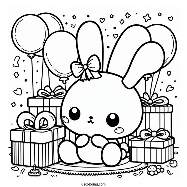 Pochacco Coloring Page Sitting On Floor With Birthday Presents And Balloons