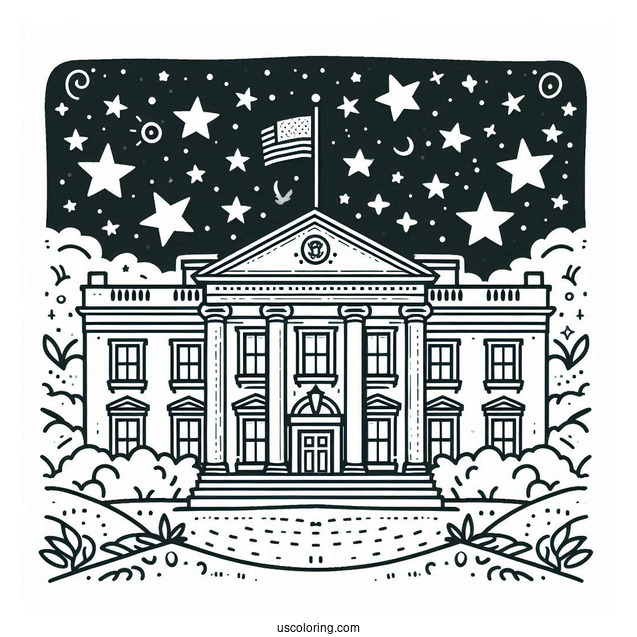 President Coloring Page Of Simple White House Outline Surrounded By Stars For Kids