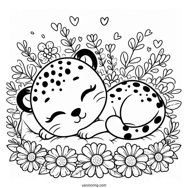 Kawaii Cheetah Coloring Page Sleeping On Its Back With Flowers