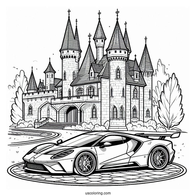 Castle Coloring Page Of Modern Castle With Sports Car