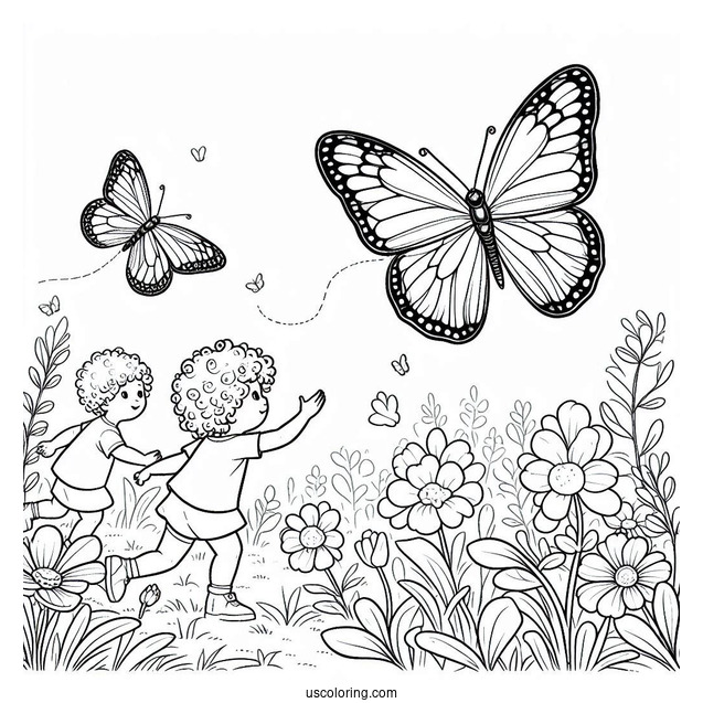 A Butterfly Hovering Over A Field Of Flowers With Two Children