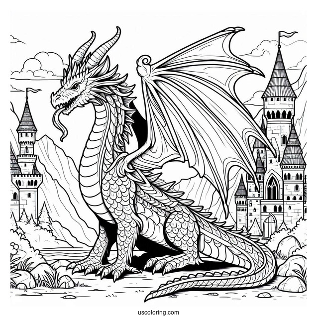 Fierce Looking Dragon Next To Castle