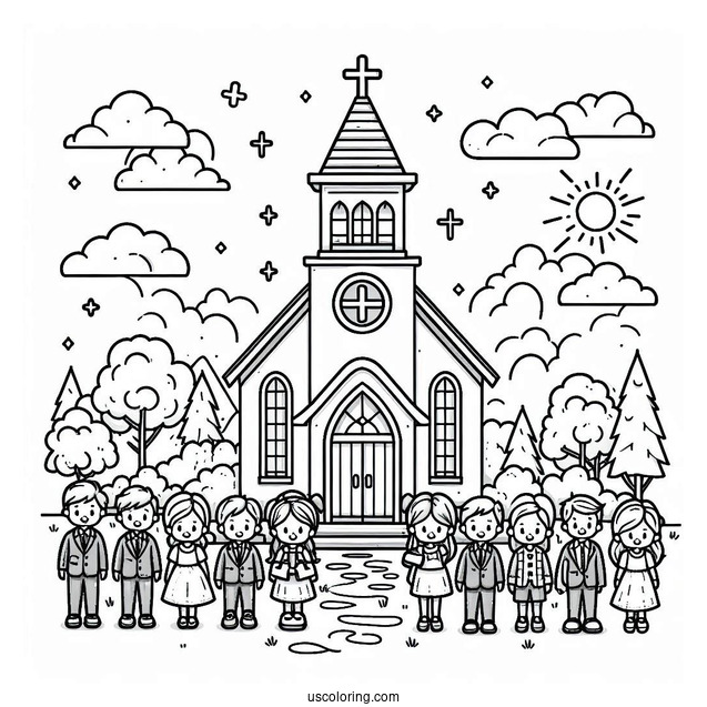 Cartoon Church Coloring Page Goers Standing In Front Of The Church Building For Kids