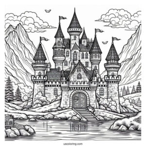 Castle Coloring Page With Moat In The Mountains