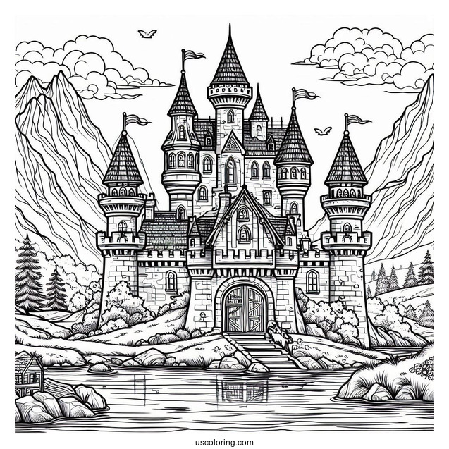 Castle Coloring Page With Moat In The Mountains