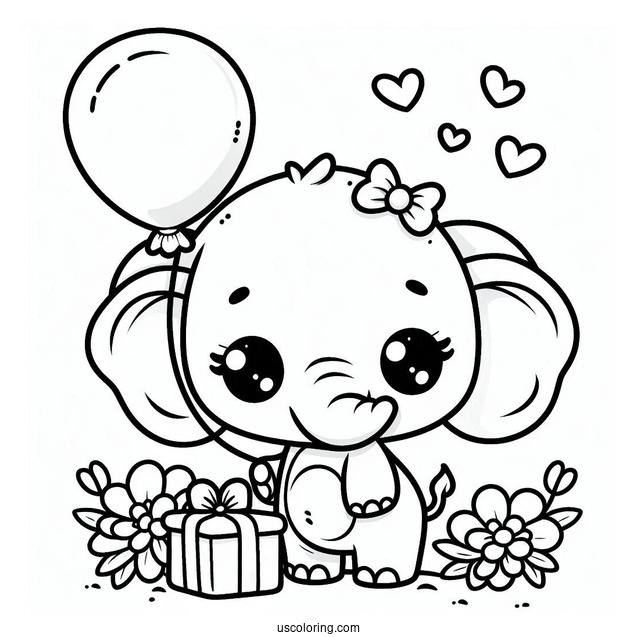 Kawaii Elephant Holding Balloon Coloring For Preschoolers