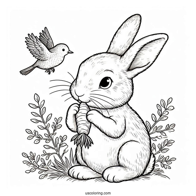 Peter Rabbit Coloring Page Nibbling On A Carrot While Looking Up At A Bird