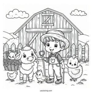 Farmer Boy With Animals Next To Barn