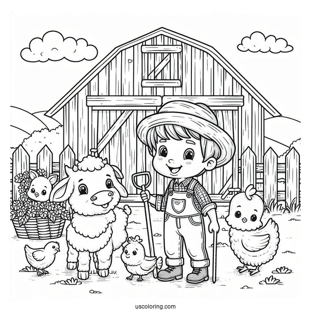 Farmer Boy With Animals Next To Barn