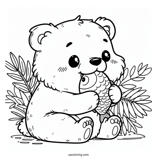 Easy Baby Bear Coloring Page Chewing On Fish