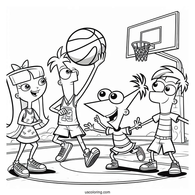 Phineas And Ferb Coloring Page Playing Basketball With Buford, Isabella, Baljeet, Candace, And Perry