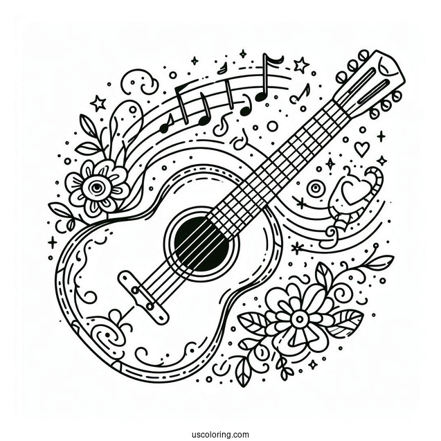 Music Coloring Page Of Simple Acoustic Guitar