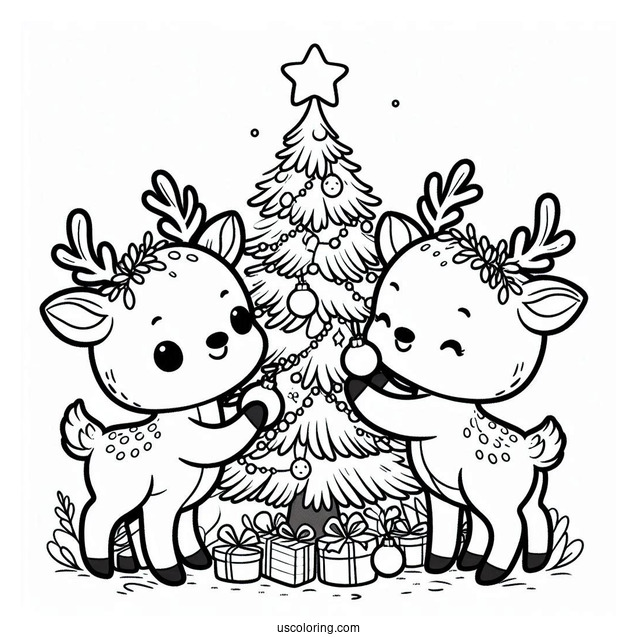 Two Cute Reindeer Decorating Christmas Tree