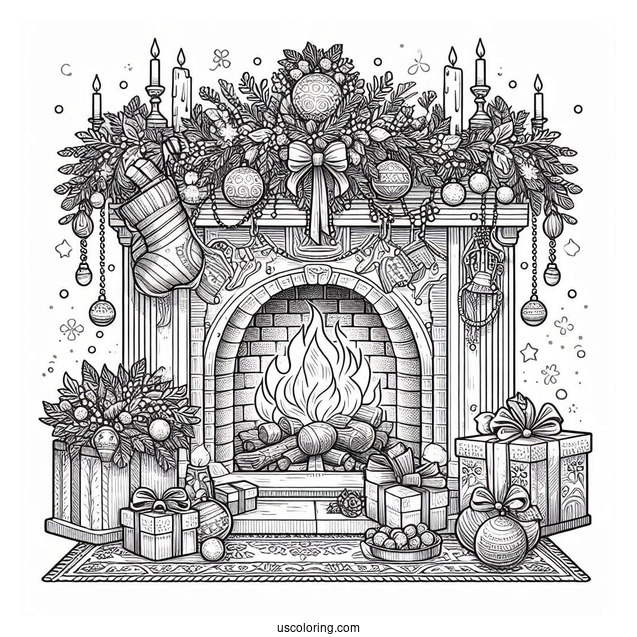 Christmas Coloring Pages For Adults Of Realistic Fireplace With Christmas Garlands And Ornaments