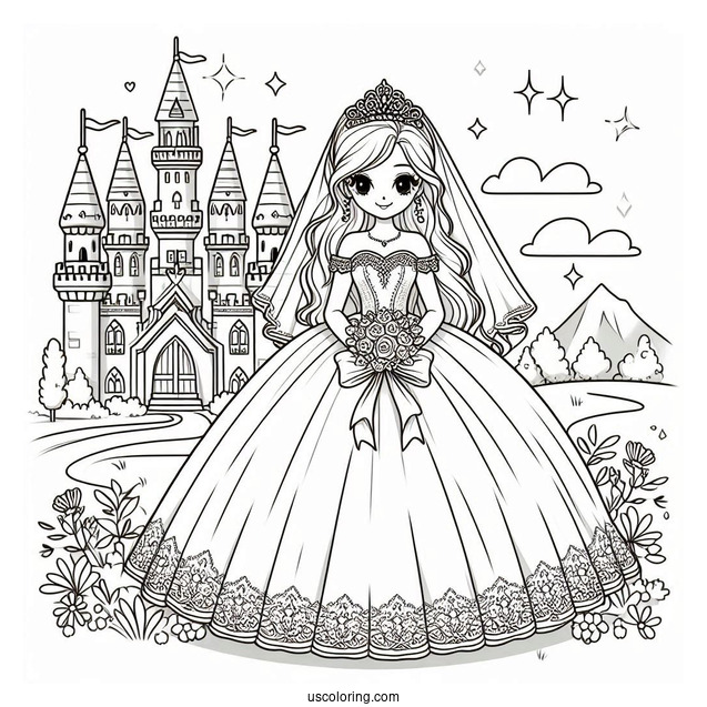 Princess Coloring Page In Wedding Dress In Front Of Castle