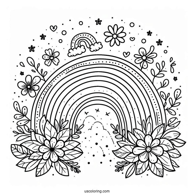 Easy Rainbow With Flowers Coloring Page For Preschoolers