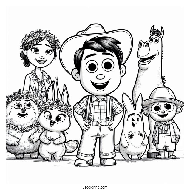 Sing Coloring Page Of Buster Moon With Rosita, Mike, Ash, Johnny, Meena, Gunter, And Eddie